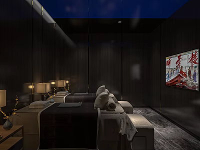 Serene SPA Sauna Interior with Massage Beds Towels Soft Lighting and Decorative Painting 3d model