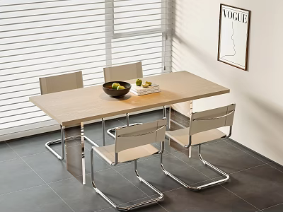 Light Wood Dining Table Set with Metal Frame Chairs and Fruit Bowl in Modern Interior 3d model