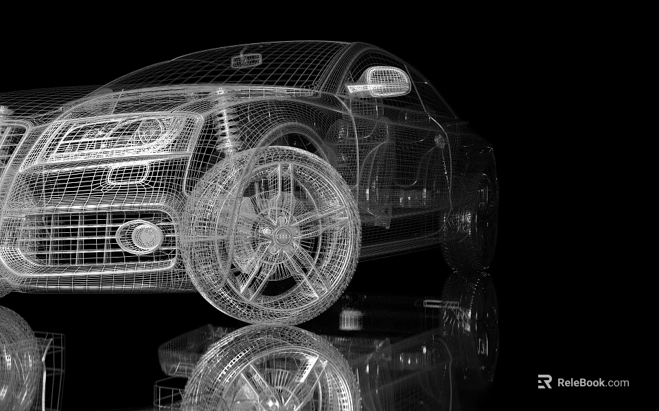 3D Wireframe Car Model Detailed Design View With Black Background Reflection 3d model 