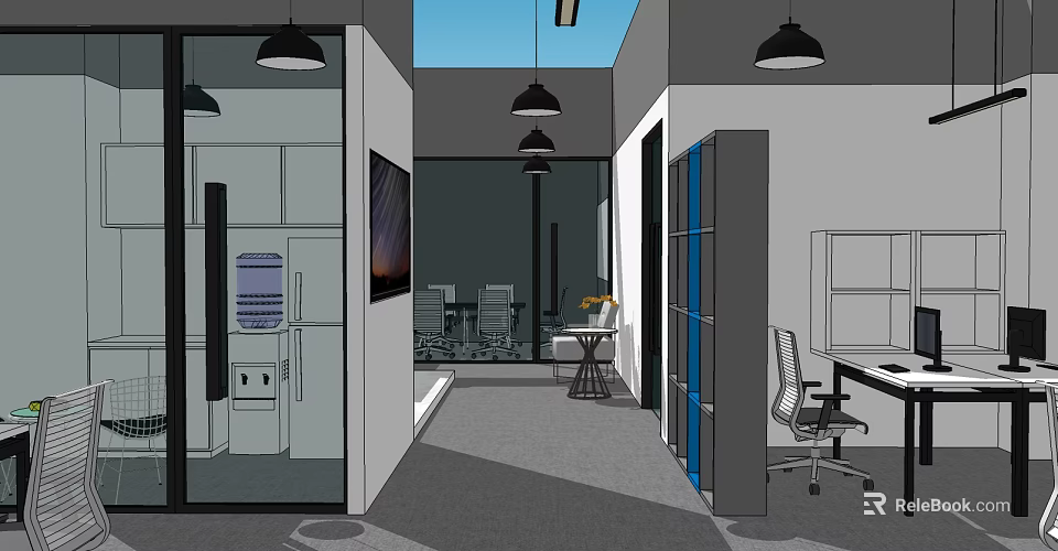 Modern Public Office Space With Hanging Lights Open Partitions And Workstations 3d model