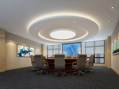 Modern Meeting Room With Round Conference Table Chairs Circular Ceiling Light And Large Screen 3d model
