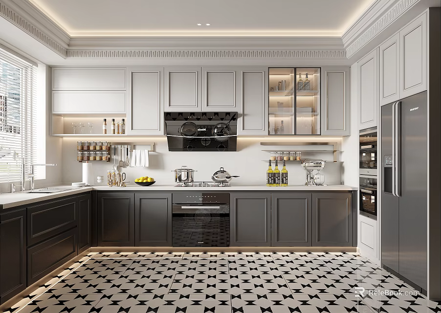 Elegant Modern Kitchen Interior With White Cabinets Dark Countertops And Stainless Steel Appliances 3d model 