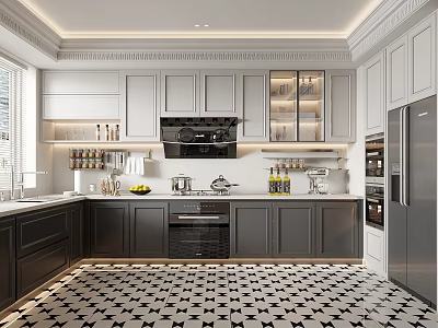 Elegant Modern Kitchen Interior With White Cabinets Dark Countertops And Stainless Steel Appliances 3d model