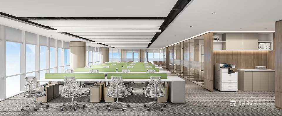 Modern Public Office Space With Open Layout Green Workstations White Chairs And Large Windows 3d model 