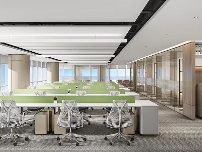 Modern Public Office Space With Open Layout Green Workstations White Chairs And Large Windows 3d model