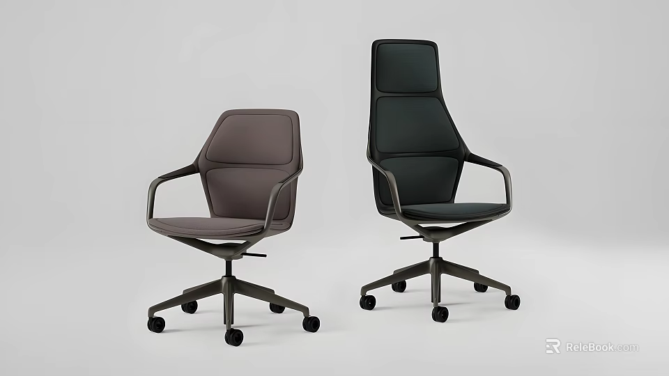 Modern Office Chairs With Deep Gray And Black Upholstery And Rolling Casters 3d model 
