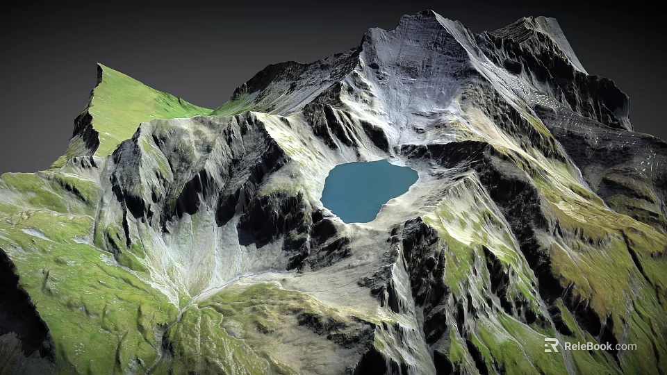 Scenic Mountain Landscape With Green Slopes Gray Rocky Peaks And Blue Lake 3d model 