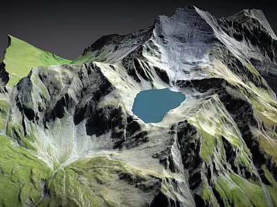 Scenic Mountain Landscape With Green Slopes Gray Rocky Peaks And Blue Lake 3d model