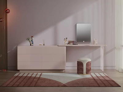Modern Dressing Table With Mirror Stool And Decorative Items On Rug 3d model