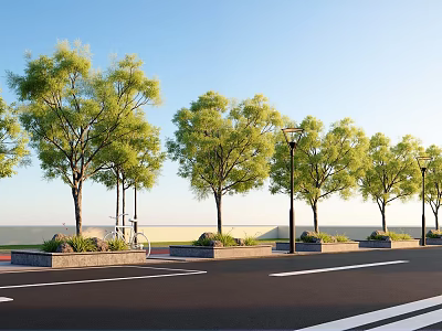 Tall Green Leafy Trees Lined Along Urban Street With Street Lamps And Sidewalk 3d model