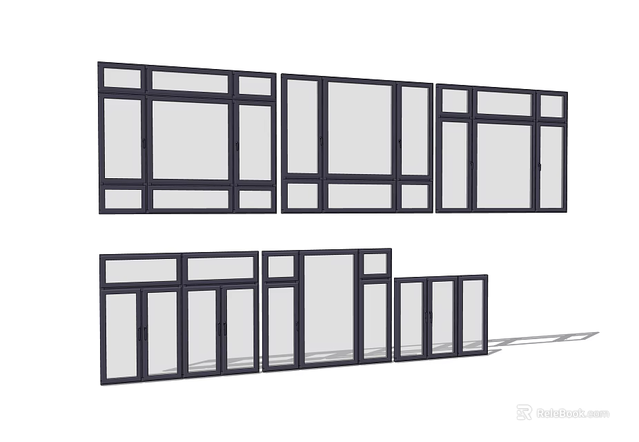 Various Window Designs With Black Frames And Different Panel Configurations 3d model