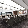 Modern Conference Room Interior with Long Table Multiple Chairs Computer Monitors Large Windows Wooden Walls