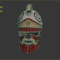 Ancient Warrior Helmet With Red Gold Spiral Patterns And Sun Emblem 3d model