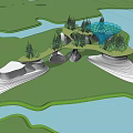 Modern Waterfront Landscape Design With Unique Architectural Structures Trees And Water Reflections