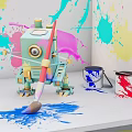 Smart Machine Painting With Brush And Colorful Paint Splashes On White Wall