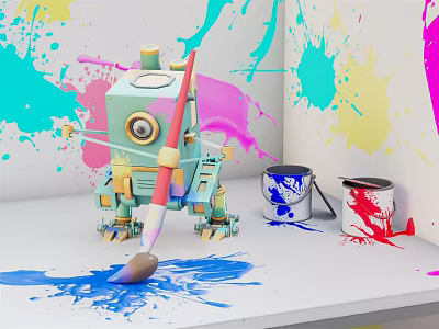 Smart Machine Painting With Brush And Colorful Paint Splashes On White Wall 3d model
