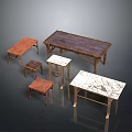 Various Wooden and Marble Tables with Matching Stools in Classic Design 3d model