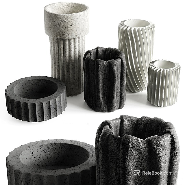 Modern Ceramic Vessels With Textured Patterns In Neutral Tones For Contemporary Home Decor 3d model 