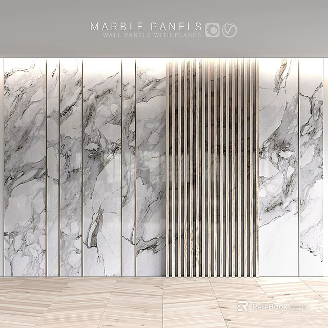 Modern Wall Decor With Marble Texture And Vertical Slats Design 3d model 