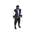 Bearded Game Movie Character In Blue Sleeveless Vest And Dark Pants With Strapped Calves