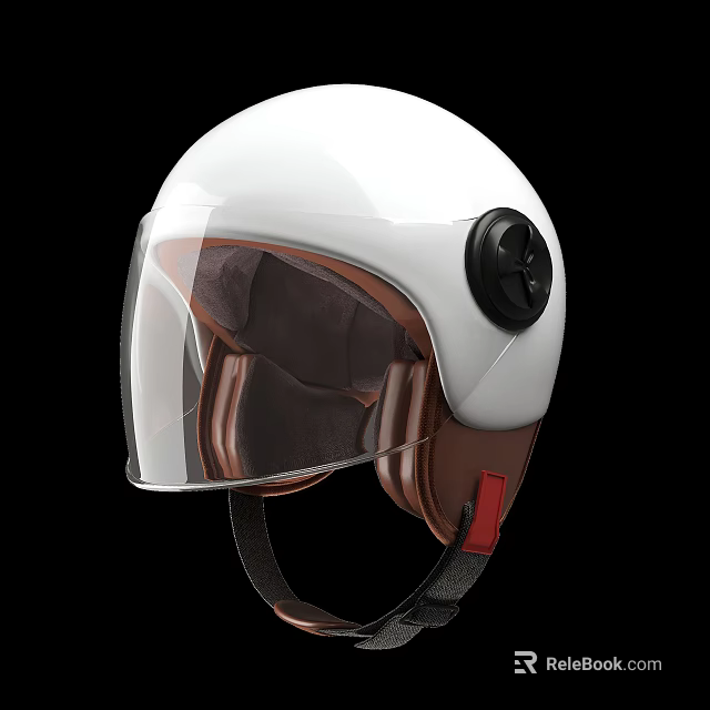 White Motorcycle Helmet With Transparent Visor Brown Inner Lining Black Knob And Red Strap 3d model 
