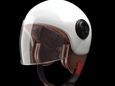 White Motorcycle Helmet With Transparent Visor Brown Inner Lining Black Knob And Red Strap 3d model