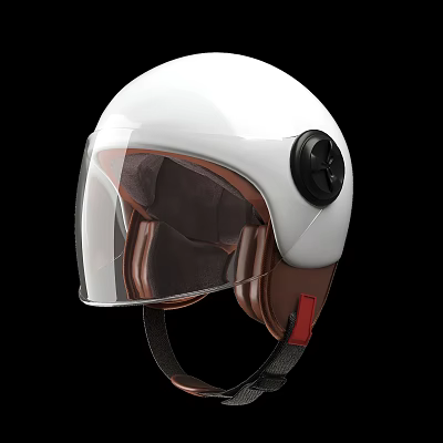 White Motorcycle Helmet With Transparent Visor Brown Inner Lining Black Knob And Red Strap 3d model