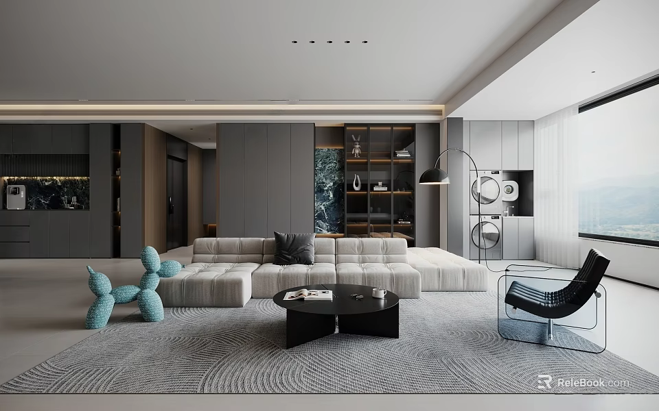 Modern Living Dining Room With Gray Sofa Black Coffee Table Blue Decor Shelving And Windows 3d model 