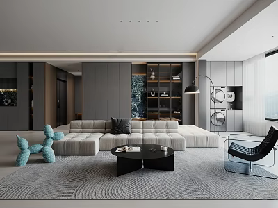 Modern Living Dining Room With Gray Sofa Black Coffee Table Blue Decor Shelving And Windows 3d model