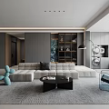 Modern Living Dining Room With Gray Sofa Black Coffee Table Blue Decor Shelving And Windows
