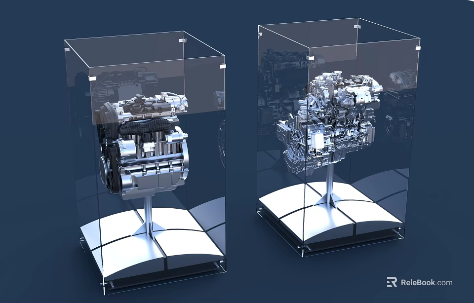 Detailed Engines Exhibited in Transparent Display Cases with Silver Stands 3d model 