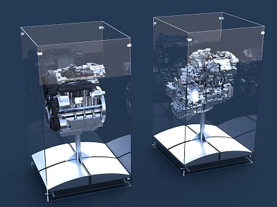 Detailed Engines Exhibited in Transparent Display Cases with Silver Stands 3d model