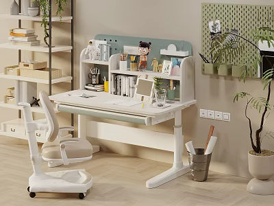 Kids Study Desk With Adjustable Chair Storage Shelf And Learning Accessories In Room 3d model