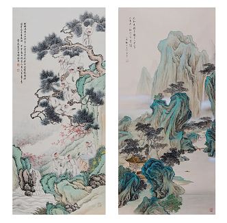 Chinese Landscape Painting Green Traditional Classic Mountain Stone View Monkey Hanging Painting Combination 3d model