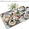 Tableware Set For Brunch Table With Plates Mugs Napkins Fruits And Flower Bouquet