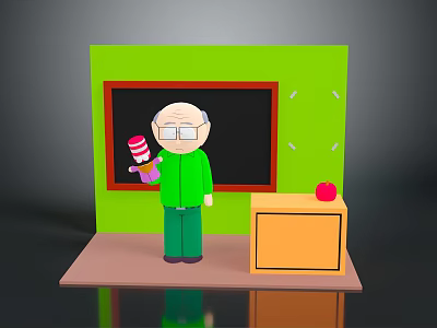 Man Standing in Green Background With Blackboard Red Purple Book Orange Desk and Red Apple 3d model