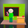 Man Standing in Green Background With Blackboard Red Purple Book Orange Desk and Red Apple