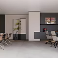 Modern Office Interior With Desk Chairs Red Sofa Large Windows And TV Screen