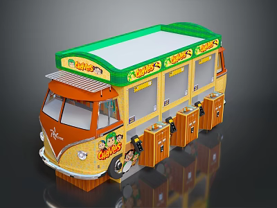 Colorful Vintage Food Bus With Green Roof Yellow Body And Cartoon Graphics 3d model