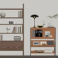 Wooden Bookshelves With Books Vase Clock Camera Photos Table Lamp And Plant