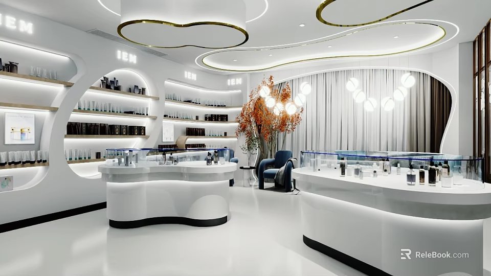 Modern Beauty Store Interior With White Counters Display Shelves Pendant Lights And Green Plant 3d model 