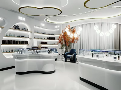 Modern Beauty Store Interior With White Counters Display Shelves Pendant Lights And Green Plant 3d model