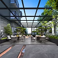 Modern Garden Outdoor Space With Glass Roofed Pergola Dining Table Chairs Green Plants And Sofa