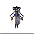 Elegant Female Character In Traditional Purple White Outfit With Wide Brimmed Hat And Golden Weapons
