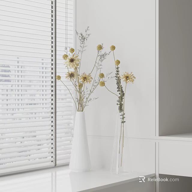 Dried Flowers Arrangement In White And Transparent Vases By Window Blinds With White Background 3d model 