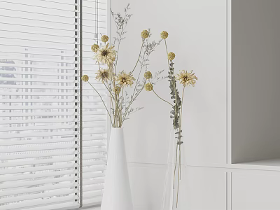 Dried Flowers Arrangement In White And Transparent Vases By Window Blinds With White Background 3d model