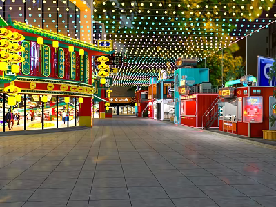 Vibrant Commercial Street With Traditional Lanterns Modern Shops And Colorful Lighting Decorations 3d model