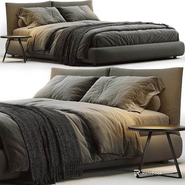 Modern Double Bed With Gray Bedding Plush Pillows And Wooden Side Table 3d model 