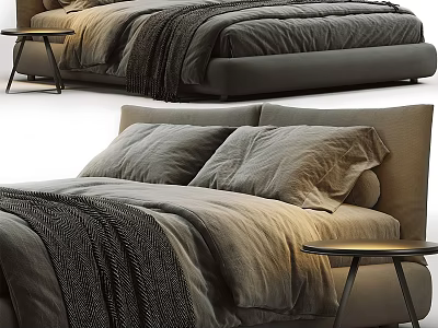 Modern Double Bed With Gray Bedding Plush Pillows And Wooden Side Table 3d model