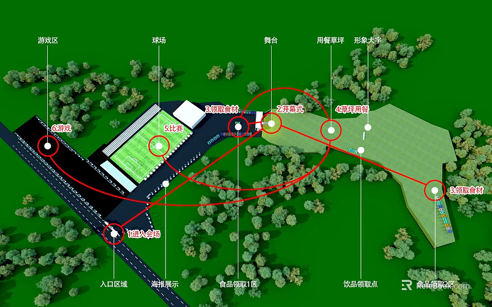 Outdoor Park Area Design Featuring Entrance Square Basketball Court Activity Lawn And Rest Seats 3d model 